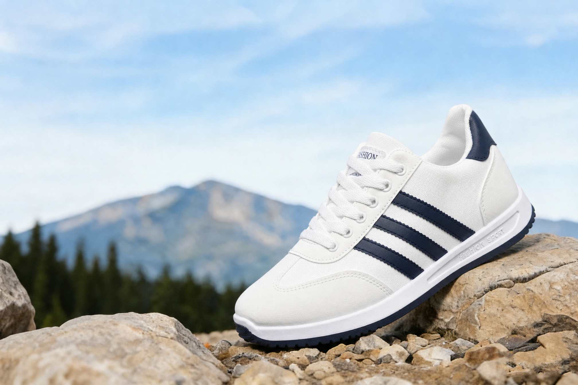 Scarpe da ginnastica bianche su roccia, in esterno