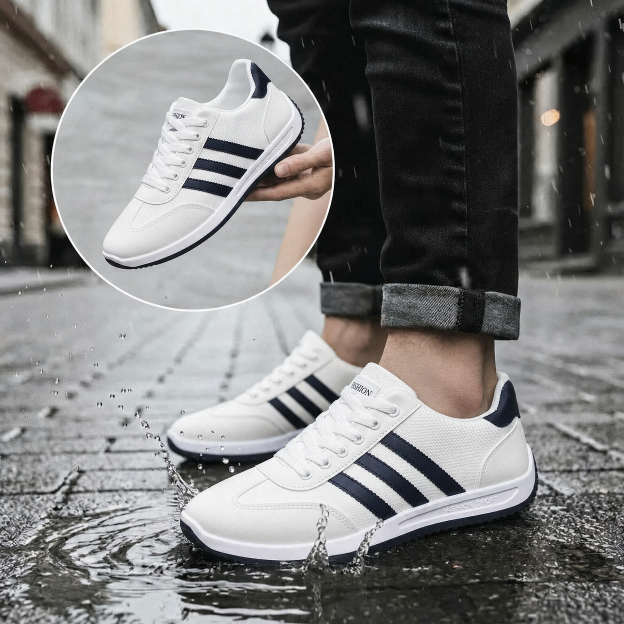 Scarpe da ginnastica bianche sotto la pioggia